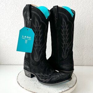 Lane LEXINGTONCowboy Boots Black Suede Western Mid Calf Tall Snip Toe Womens 7